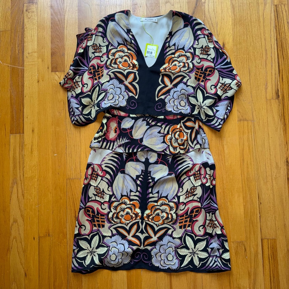 Etro Silk Foulard Print Butterfly Sleeve V-Neck Tiered Dress IT 46 US 10 $2300 *